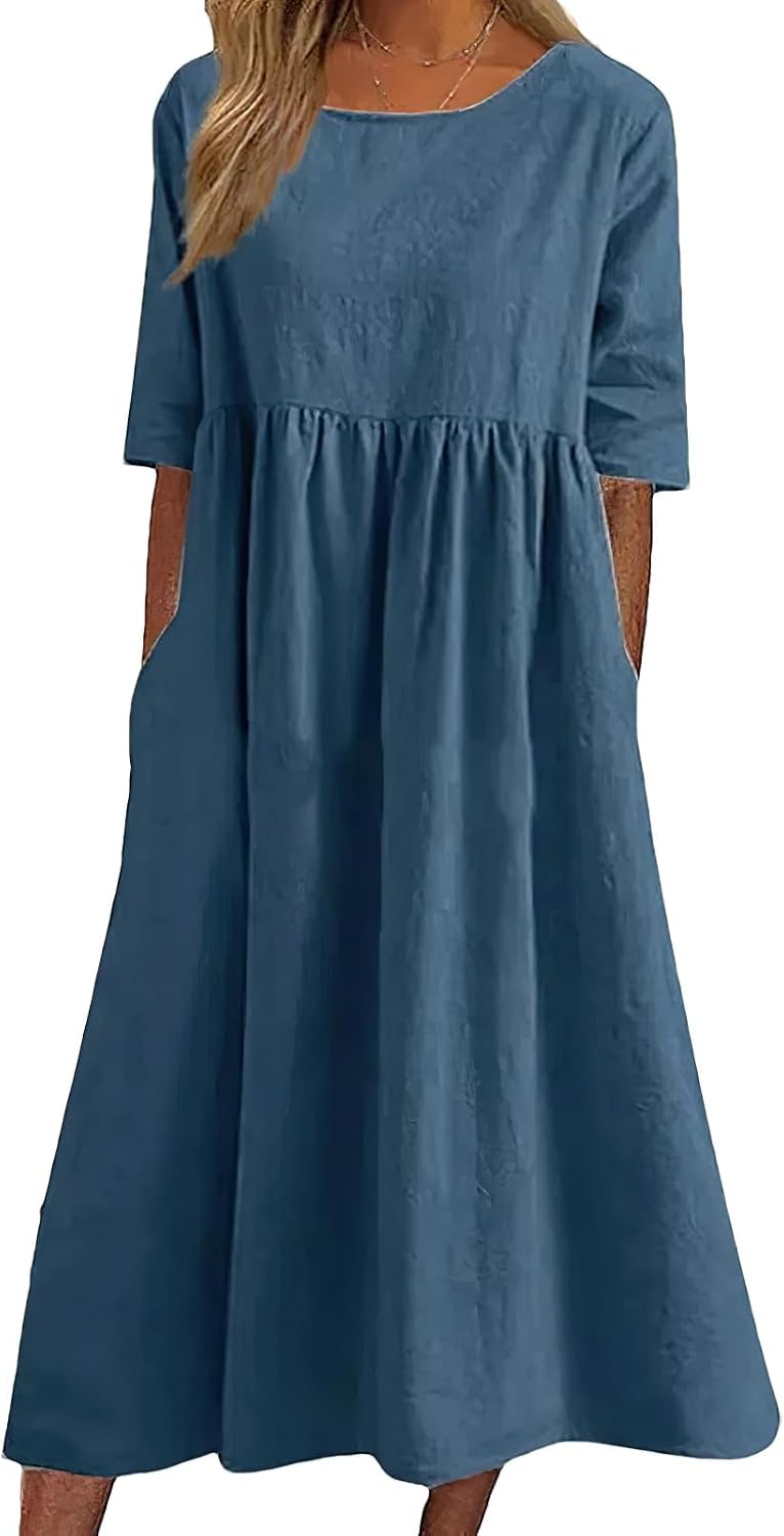 Elowen Cotton Linen Blend Maxi Dress with Round Neck, Short Sleeves and Side Pockets