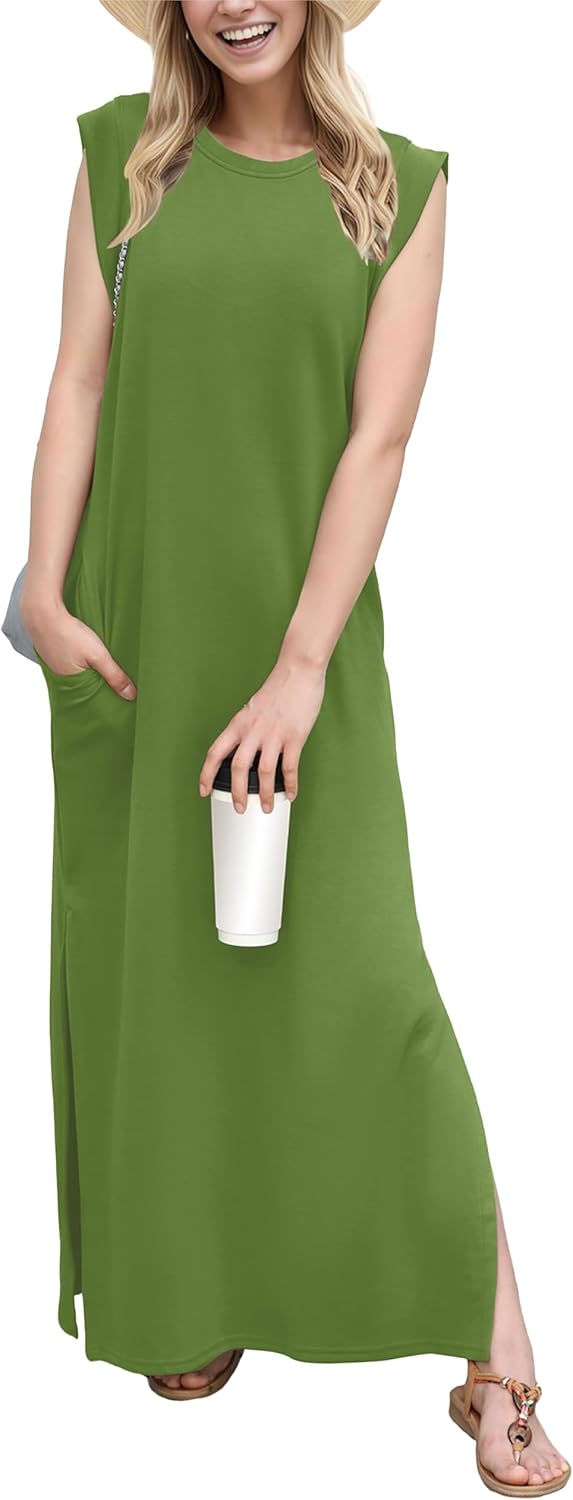 Coralie Women's Sleeveless Maxi Dress with Side Slit, Pockets & Wrinkle-Resistant Fabric