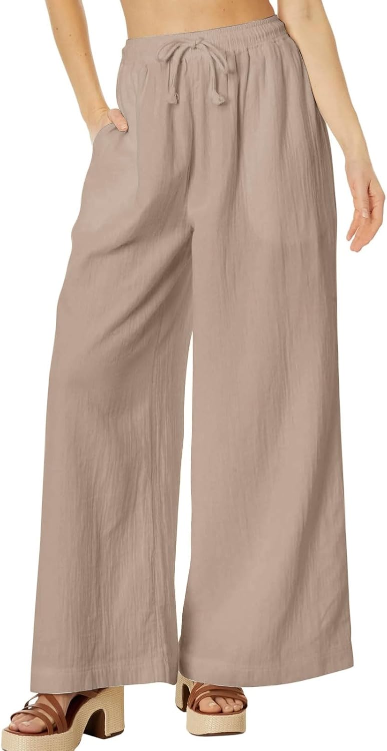 Alessia Linen Blend Wide Leg Summer Trousers with High Waist Drawstring and Side Pockets