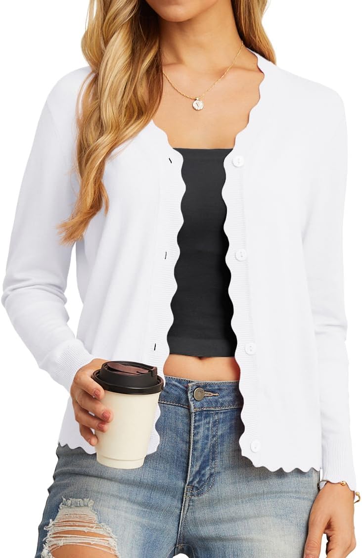 Nerina - Lightweight Knit Cardigan with Scalloped Trim and Button Front for Women