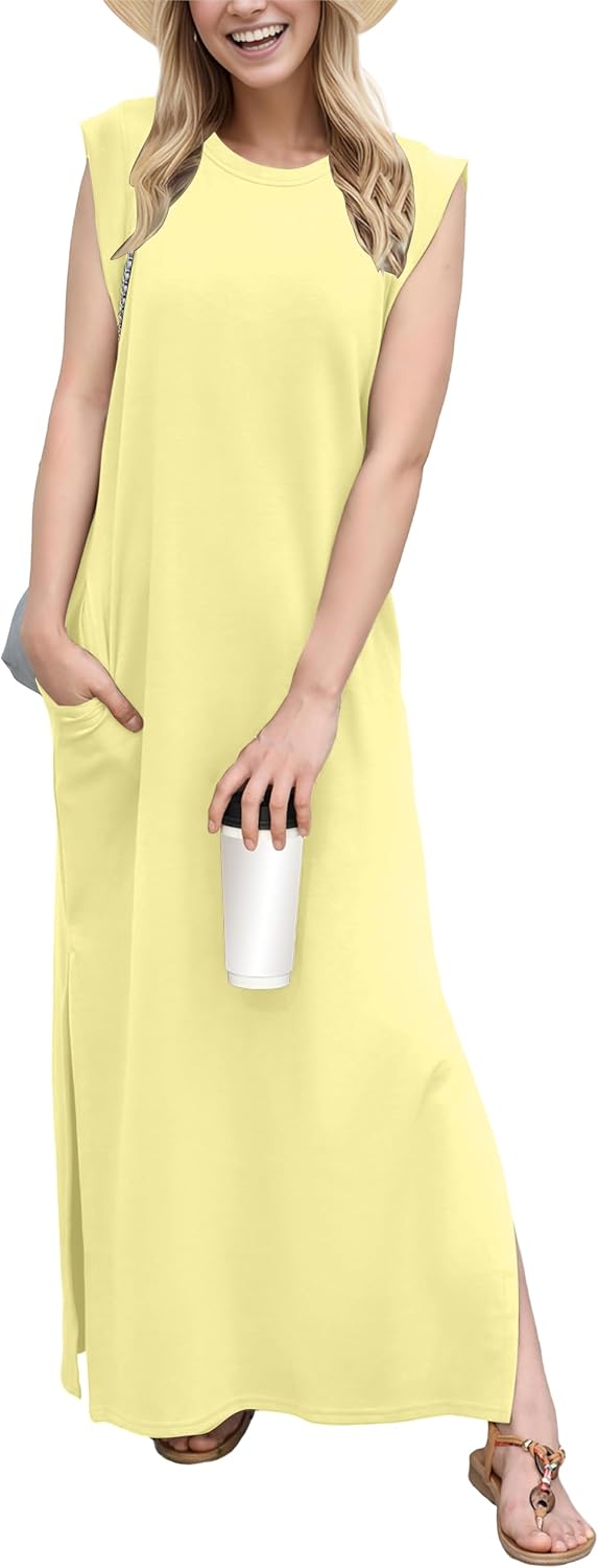 Sofia Sleeveless Maxi Dress – Crew Neck Side Slit Casual Dress with Pockets