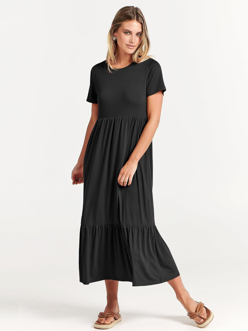 Brielle Women's Tiered Maxi Dress with Short Sleeves, Crew Neck & Side Pockets