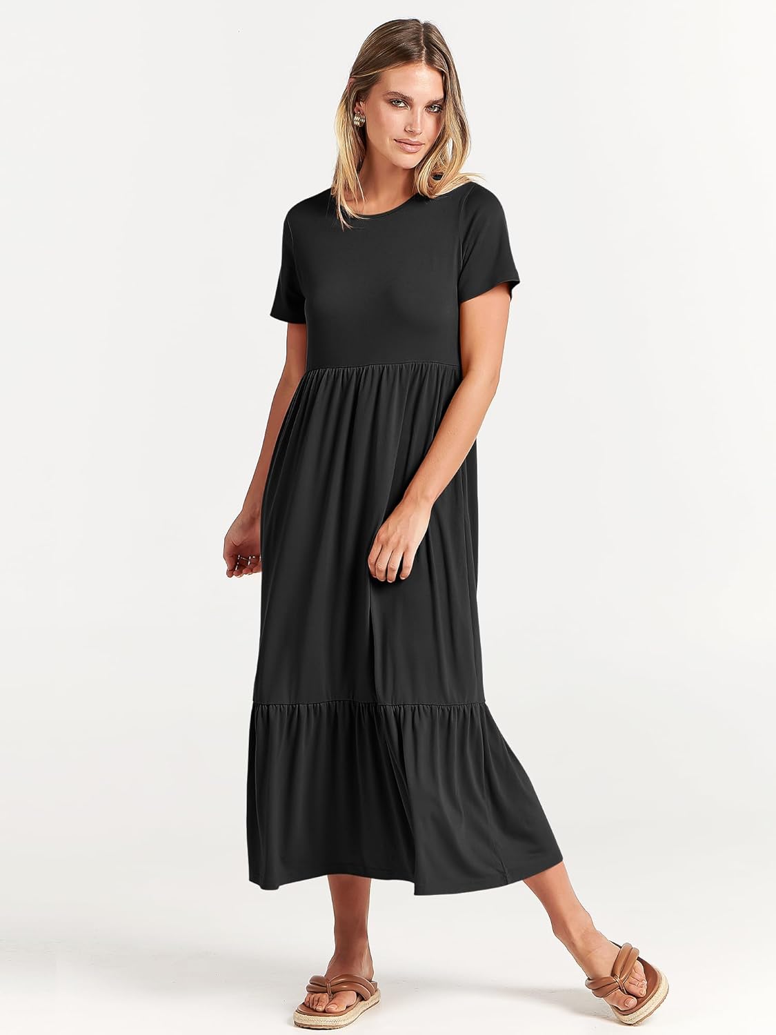 Brielle Women's Tiered Maxi Dress with Short Sleeves, Crew Neck & Side Pockets