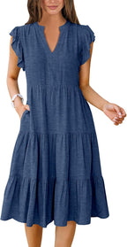 Aurelia Women's Ruffle Sleeve Tiered Midi Dress with V-Neck & Flowy Boho Silhouette