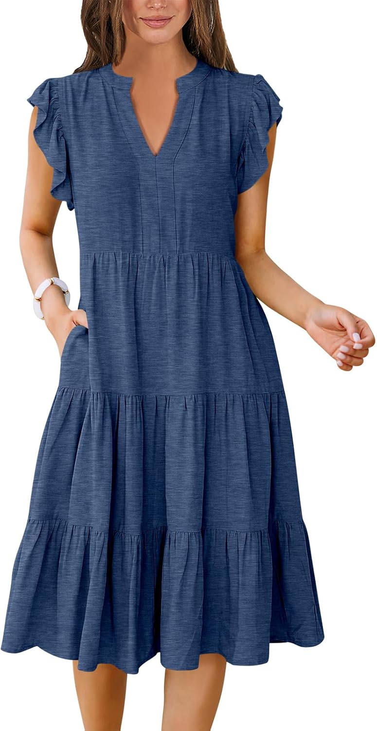 Aurelia Women's Ruffle Sleeve Tiered Midi Dress with V-Neck & Flowy Boho Silhouette