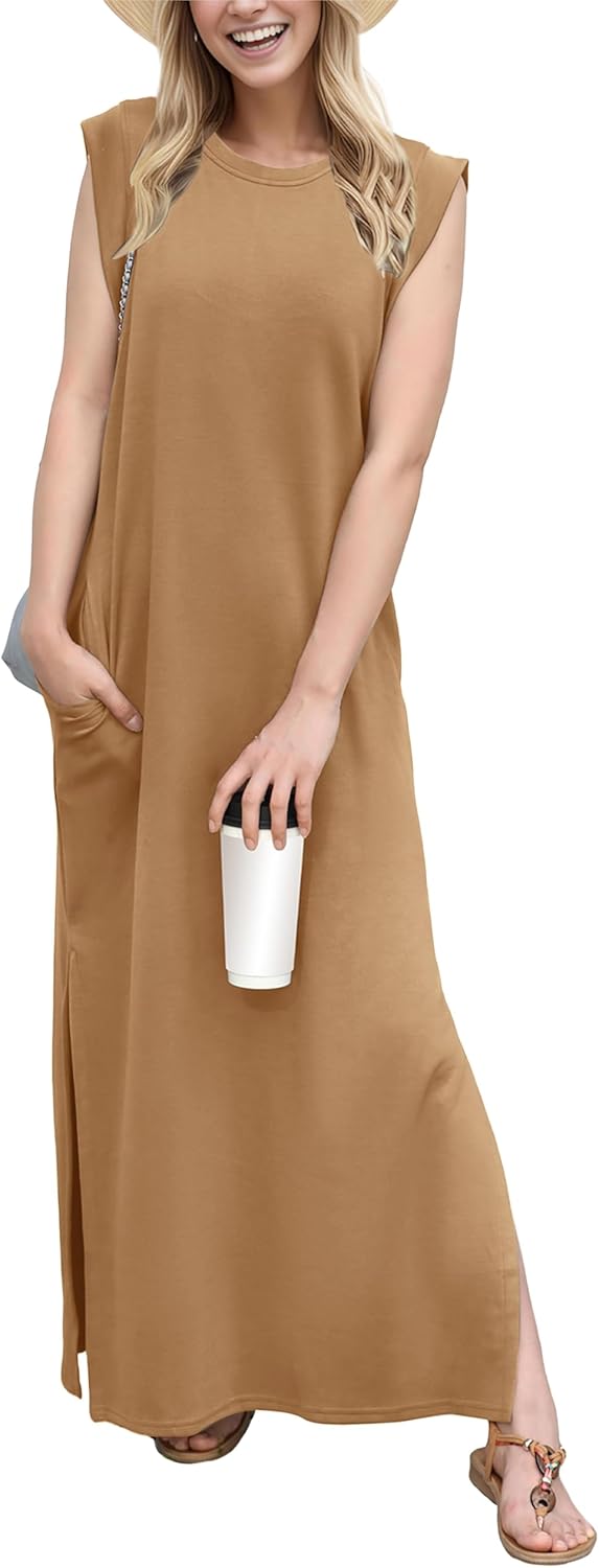 Coralie Women's Sleeveless Maxi Dress with Side Slit, Pockets & Wrinkle-Resistant Fabric