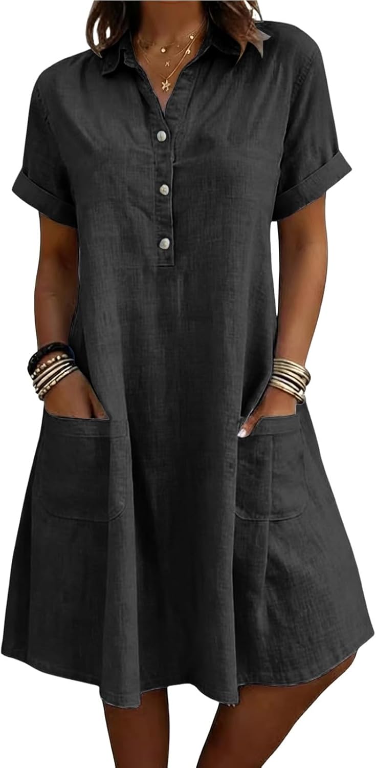 Evelina Linen Blend Shirt Dress – Short Sleeve Midi Dress with Pockets