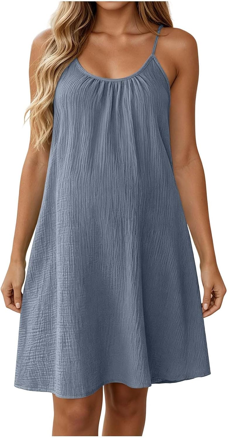 Amélie Cotton Linen Swing Dress – Sleeveless Spaghetti Strap Mini Sundress
