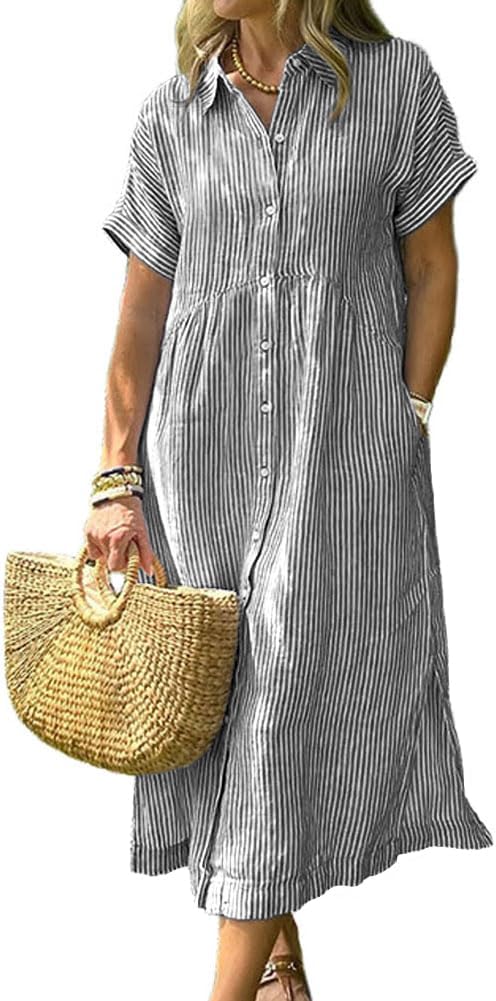 Corinne Women's Striped Button-Down Shirt Midi Dress with Short Sleeves & A-Line Fit