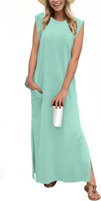 Coralie Women's Sleeveless Maxi Dress with Side Slit, Pockets & Wrinkle-Resistant Fabric