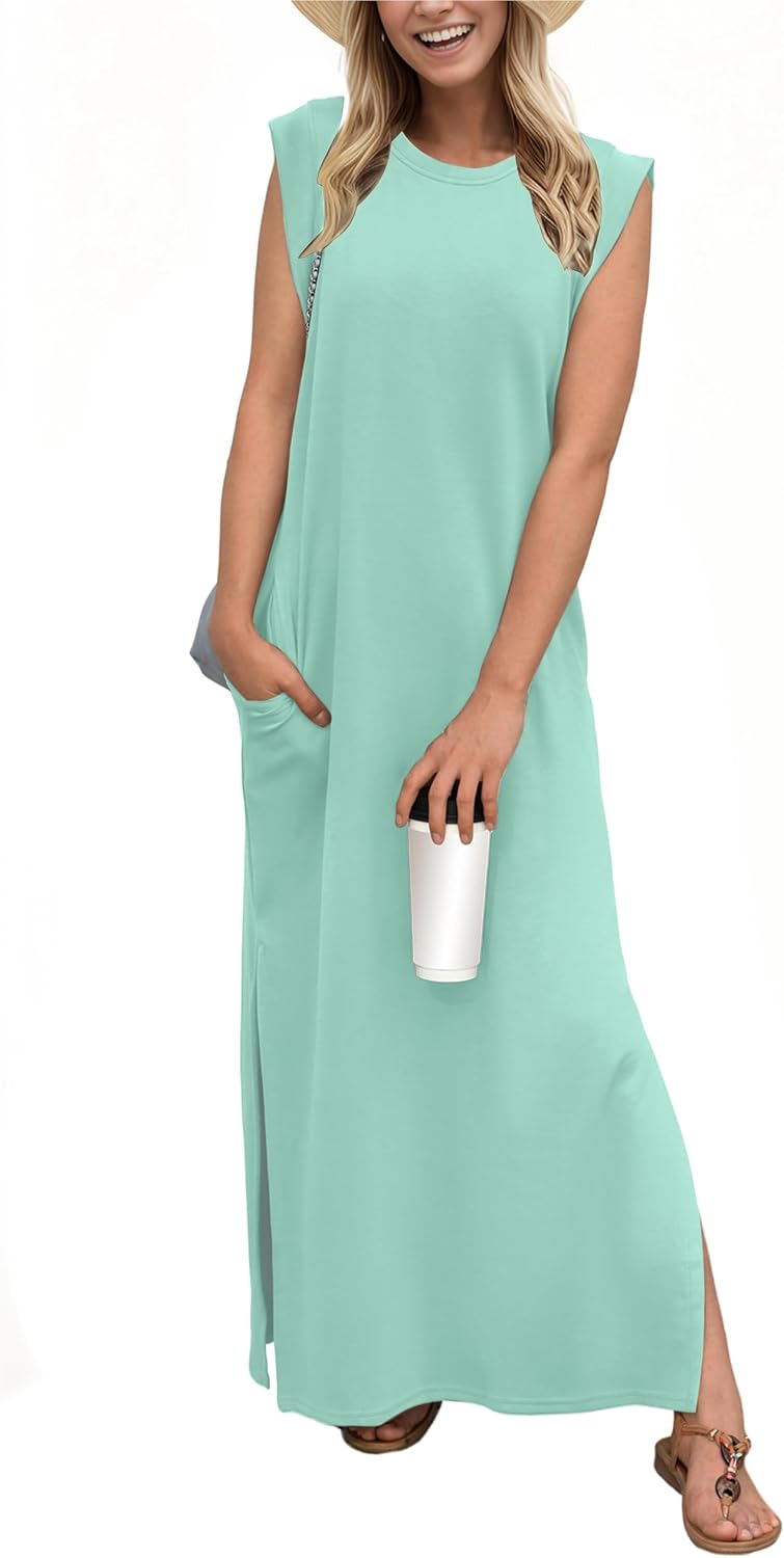 Sofia Sleeveless Maxi Dress – Crew Neck Side Slit Casual Dress with Pockets