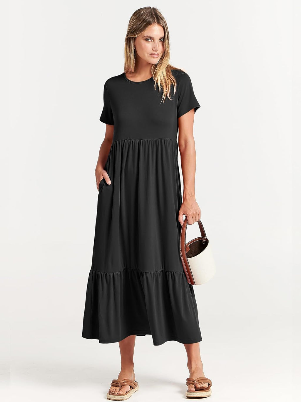 Brielle Women's Tiered Maxi Dress with Short Sleeves, Crew Neck & Side Pockets