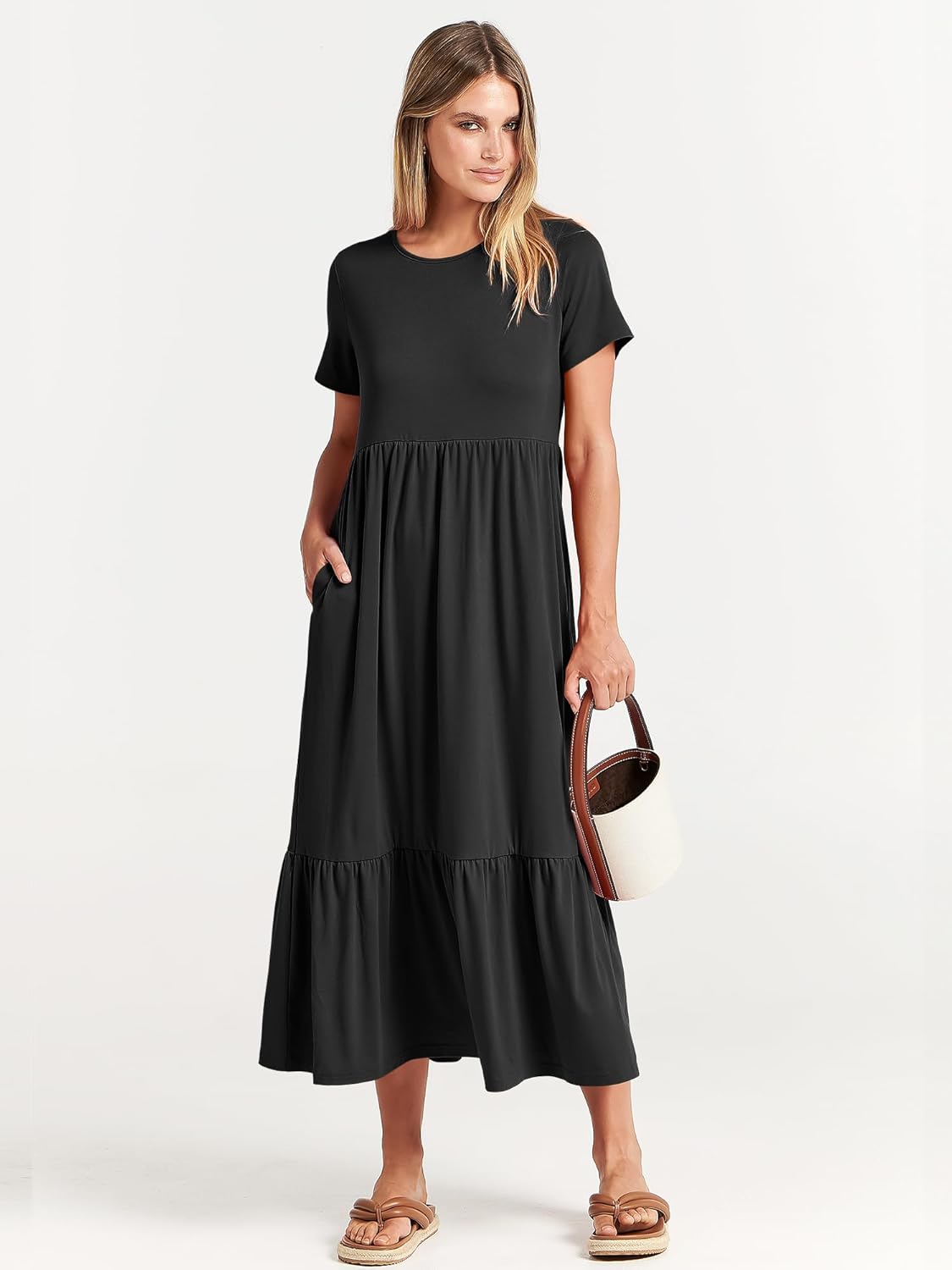 Brielle Women's Tiered Maxi Dress with Short Sleeves, Crew Neck & Side Pockets