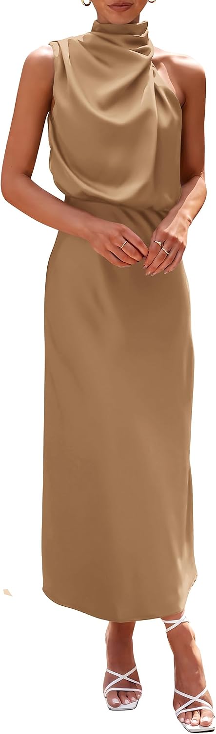 Vivienne Women's Satin Mock Neck Maxi Dress with Asymmetrical Shoulder & Flowy Skirt