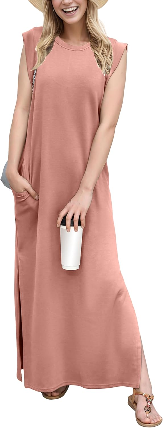 Coralie Women's Sleeveless Maxi Dress with Side Slit, Pockets & Wrinkle-Resistant Fabric