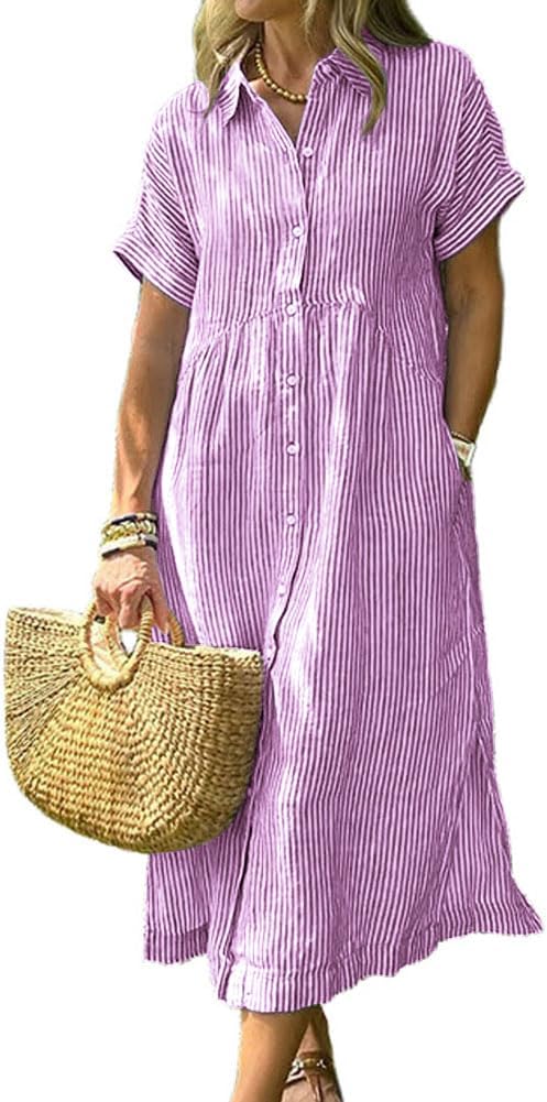 Corinne Women's Striped Button-Down Shirt Midi Dress with Short Sleeves & A-Line Fit