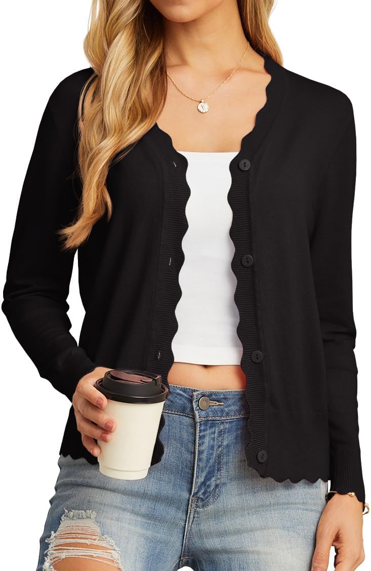 Nerina - Lightweight Knit Cardigan with Scalloped Trim and Button Front for Women