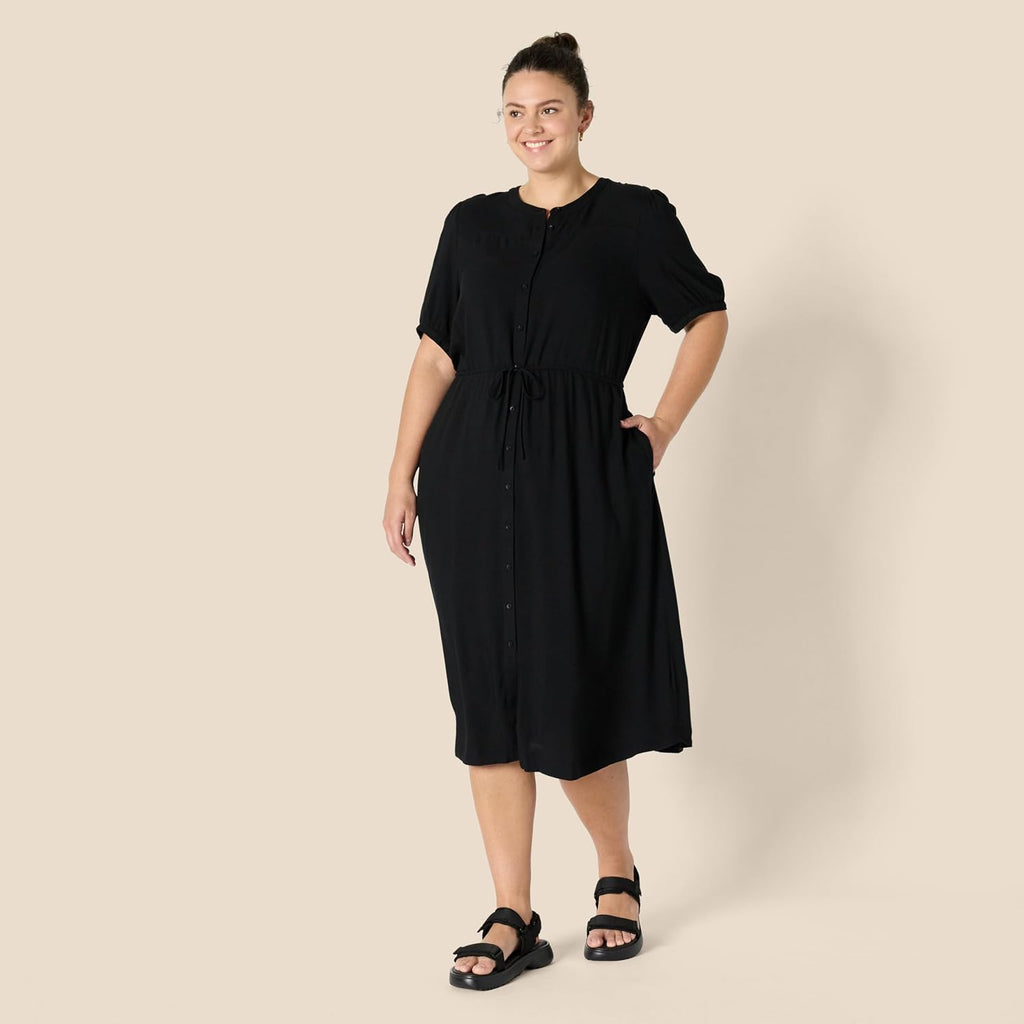 Sylviane Women's Button-Front Midi Dress with Drawstring Waist & Half Sleeves