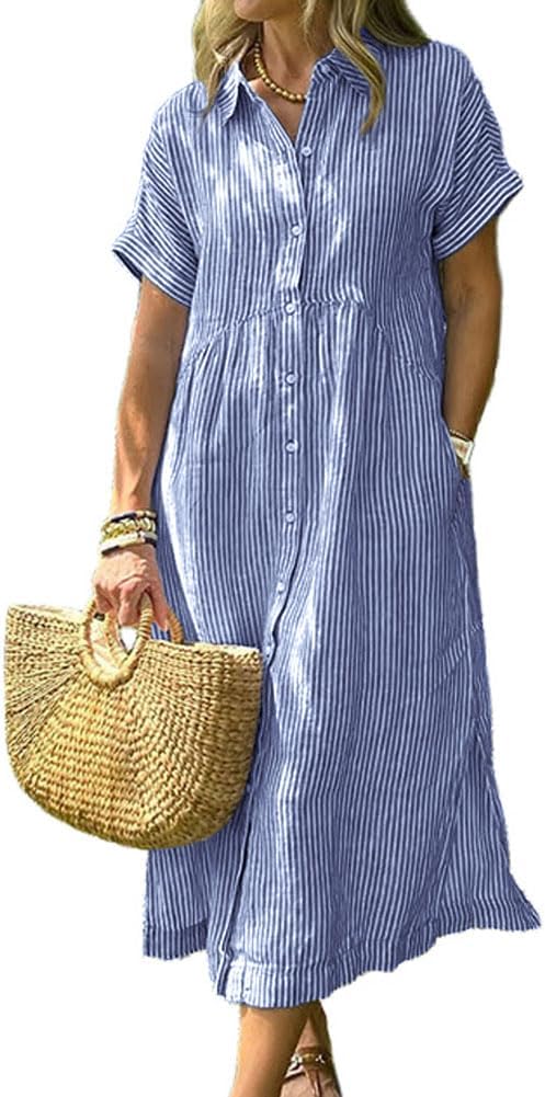Corinne Women's Striped Button-Down Shirt Midi Dress with Short Sleeves & A-Line Fit