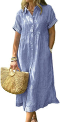 Corinne Women's Striped Button-Down Shirt Midi Dress with Short Sleeves & A-Line Fit