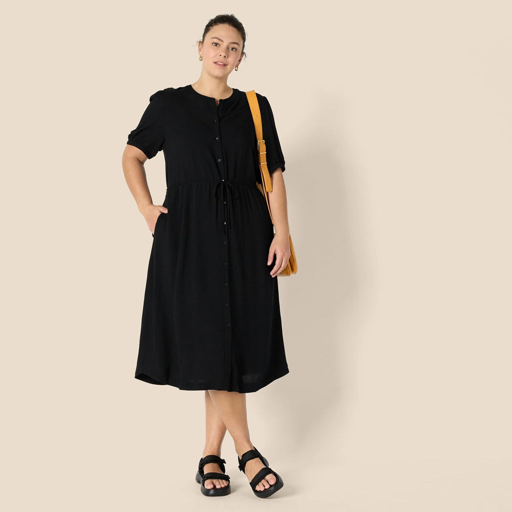 Sylviane Women's Button-Front Midi Dress with Drawstring Waist & Half Sleeves