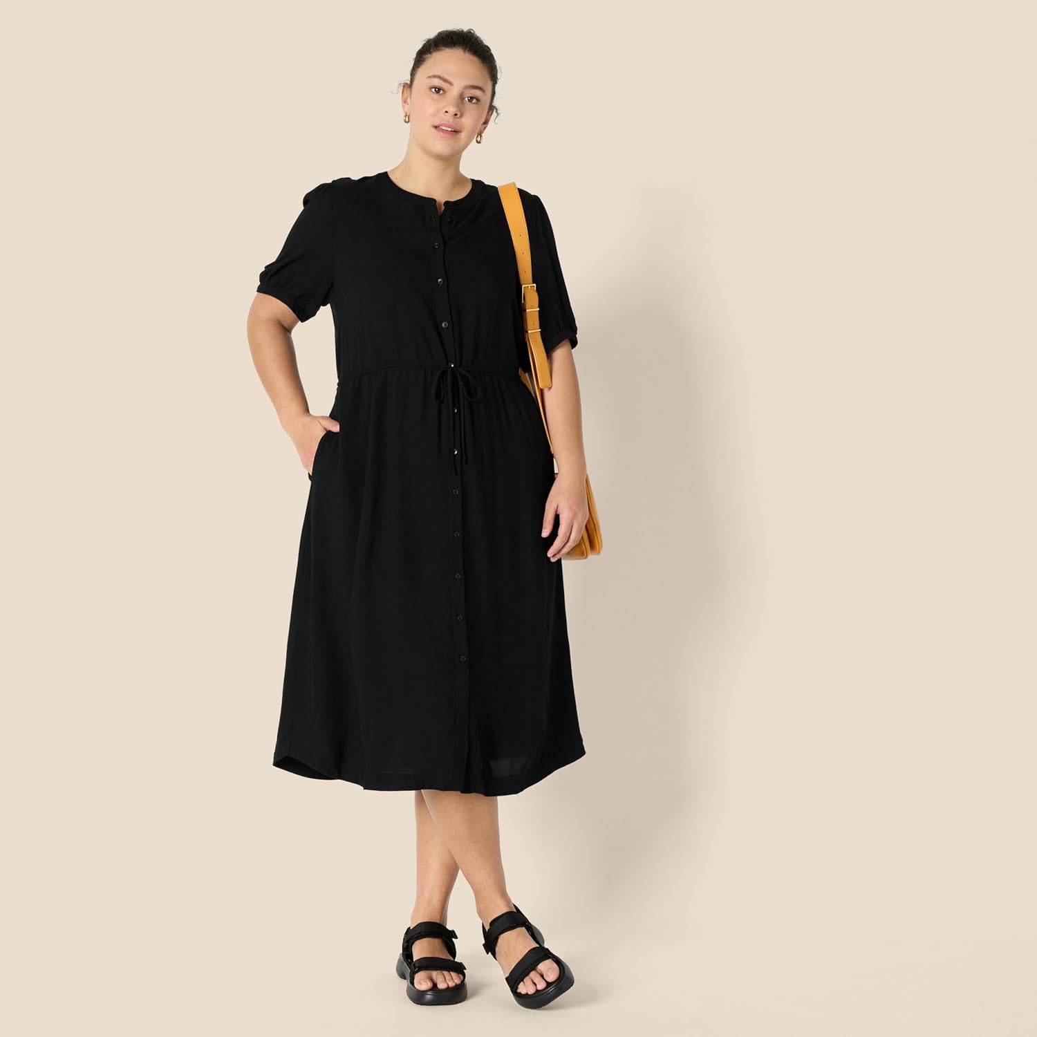 Sylviane Women's Button-Front Midi Dress with Drawstring Waist & Half Sleeves