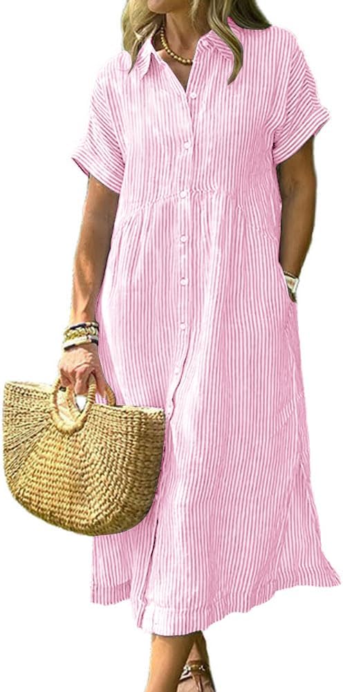 Corinne Women's Striped Button-Down Shirt Midi Dress with Short Sleeves & A-Line Fit