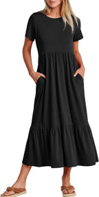 Brielle Women's Tiered Maxi Dress with Short Sleeves, Crew Neck & Side Pockets