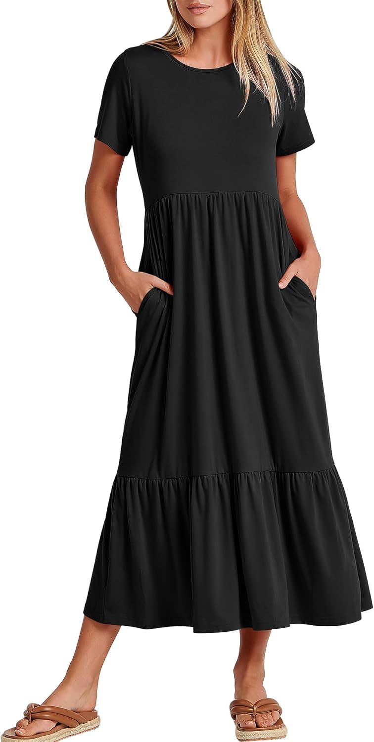 Brielle Women's Tiered Maxi Dress with Short Sleeves, Crew Neck & Side Pockets