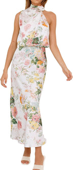 Vivienne Women's Satin Mock Neck Maxi Dress with Asymmetrical Shoulder & Flowy Skirt