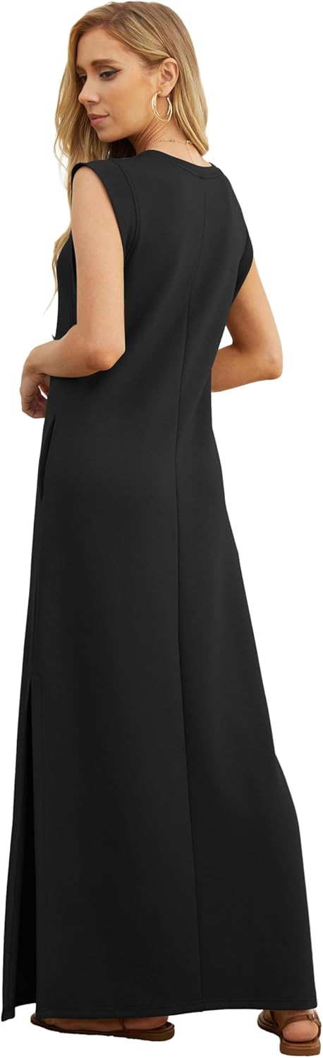 Sofia Sleeveless Maxi Dress – Crew Neck Side Slit Casual Dress with Pockets