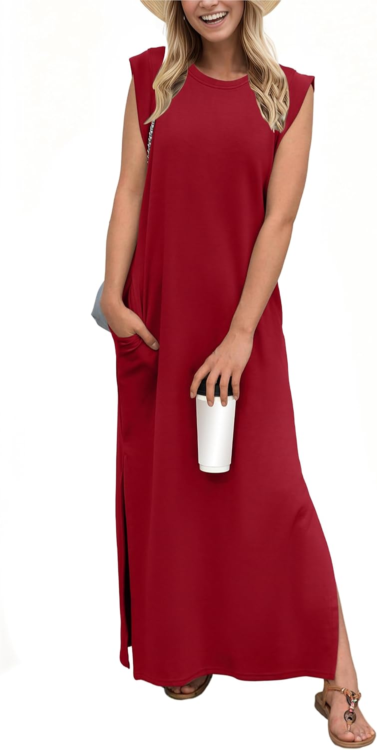 Coralie Women's Sleeveless Maxi Dress with Side Slit, Pockets & Wrinkle-Resistant Fabric