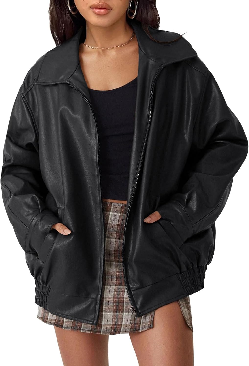 Sasha Women's Oversized Vegan Leather Jacket – Biker Style, Zip-Up Front & Boyfriend Fit