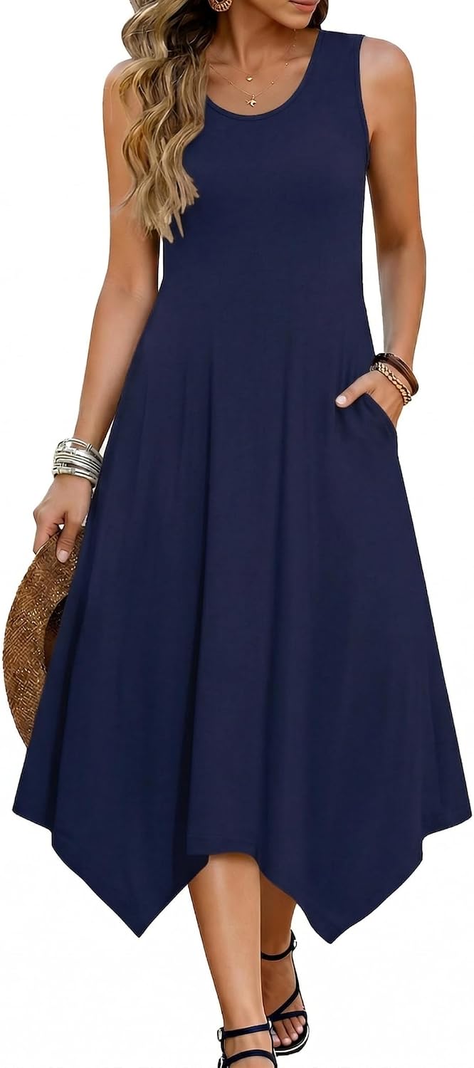 Avelisse Women's Bohemian Floral Handkerchief Midi Dress with Pockets