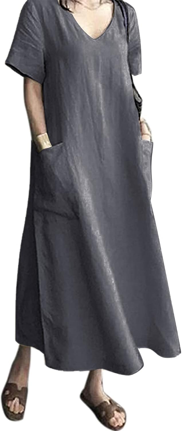 Elara Cotton Blend Maxi Dress – V-Neck Short Sleeve Loose Long Dress with Pockets