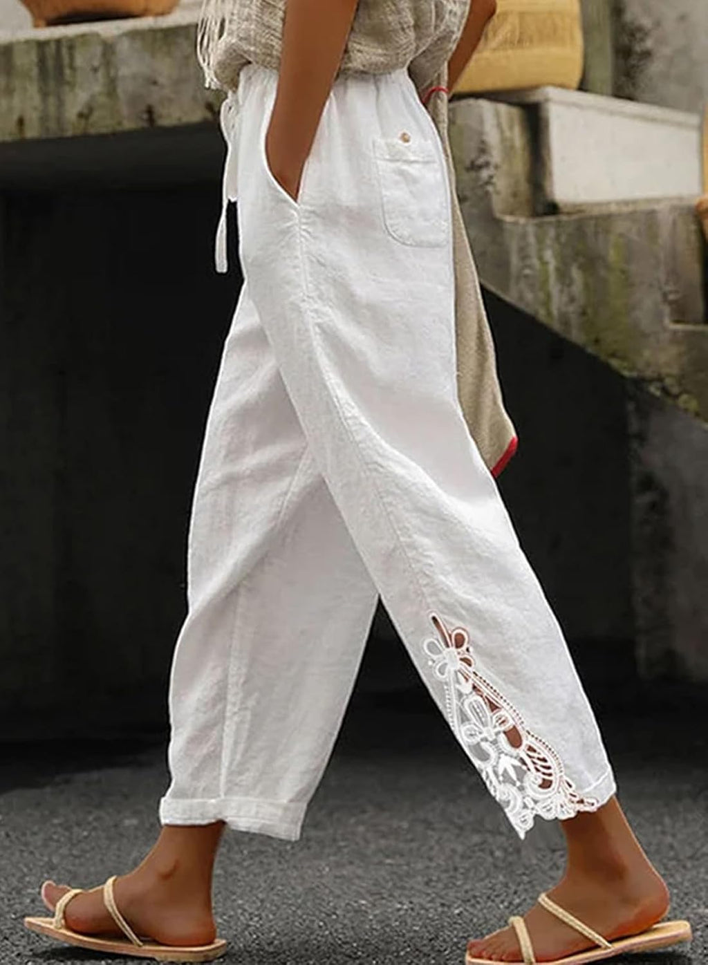 Blaire - Cotton Capri Pants with Lace Hem, Drawstring Waist, Pockets and Loose Fit
