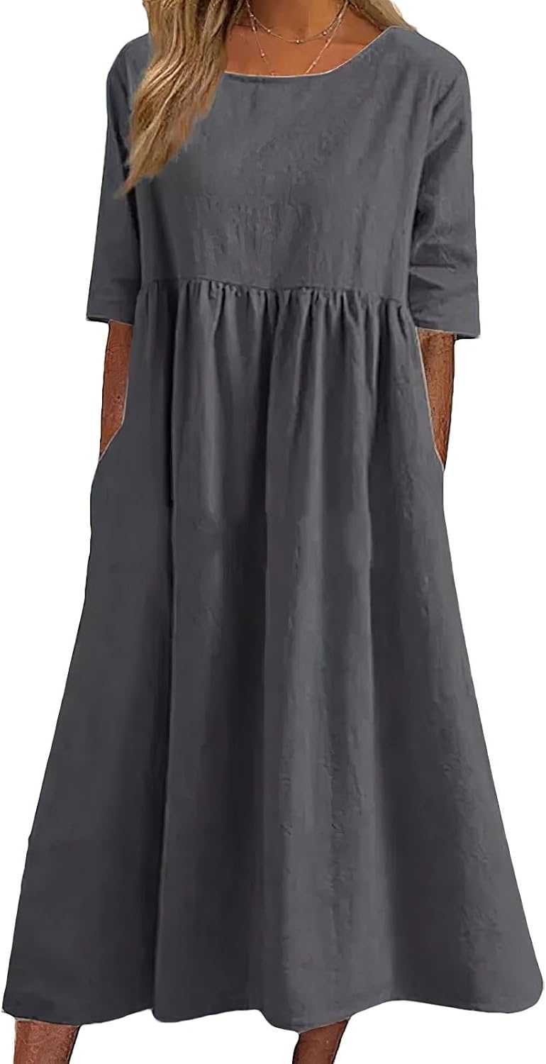 Elowen Cotton Linen Blend Maxi Dress with Round Neck, Short Sleeves and Side Pockets