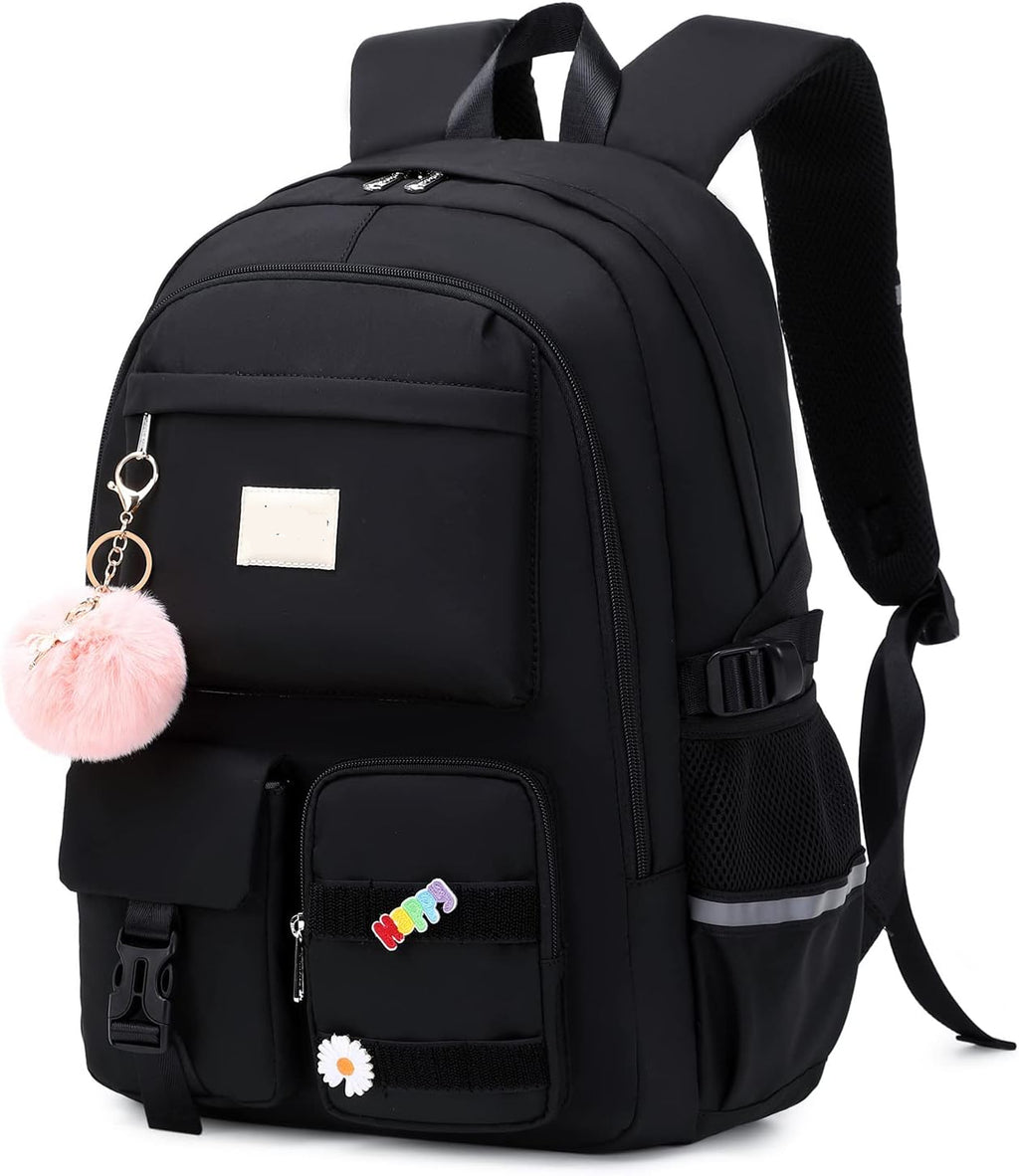 Lucia Large Black Laptop Backpack for College with Pom-Pom Charm and Luggage Strap