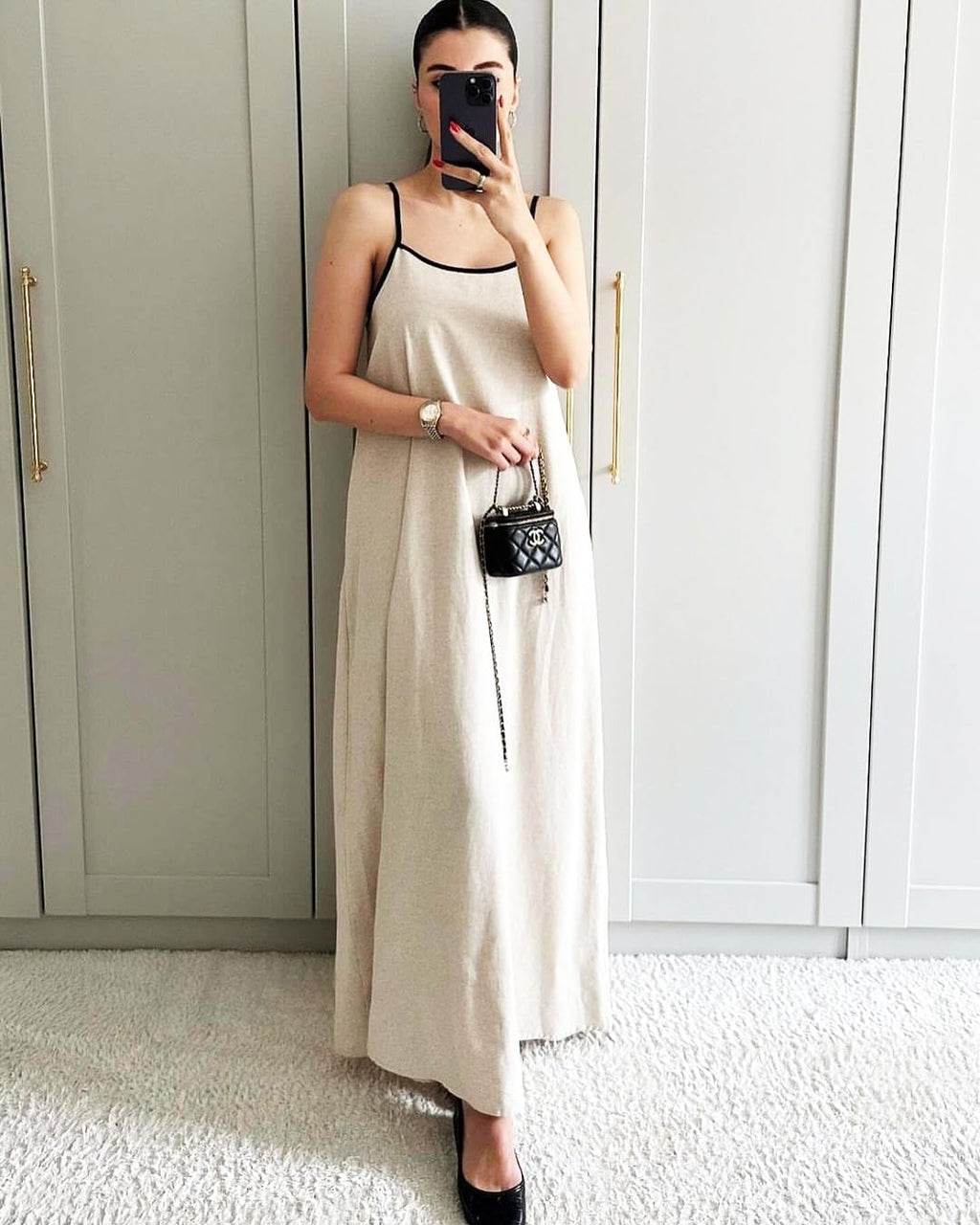 Virelle Women's Linen Maxi Dress with Contrast Trim, Adjustable Straps & Back Tie