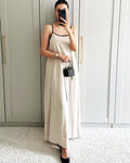 Virelle Women's Linen Maxi Dress with Contrast Trim, Adjustable Straps & Back Tie