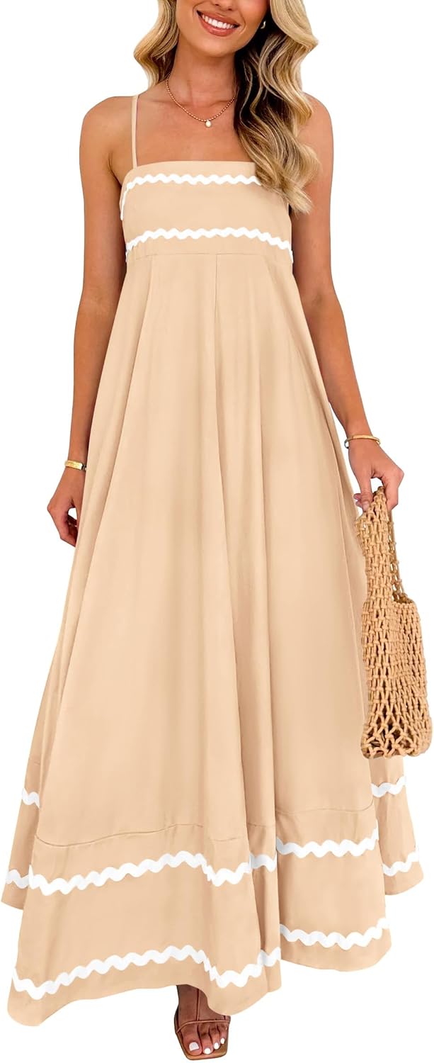Ysabelle Spaghetti Strap Boho Maxi Dress with Square Neck and Contrast Trim Details