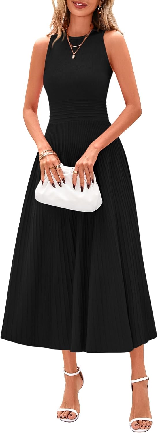 Elise Women's Pleated A-Line Midi Dress with Sleeveless Crew Neck & High Waist