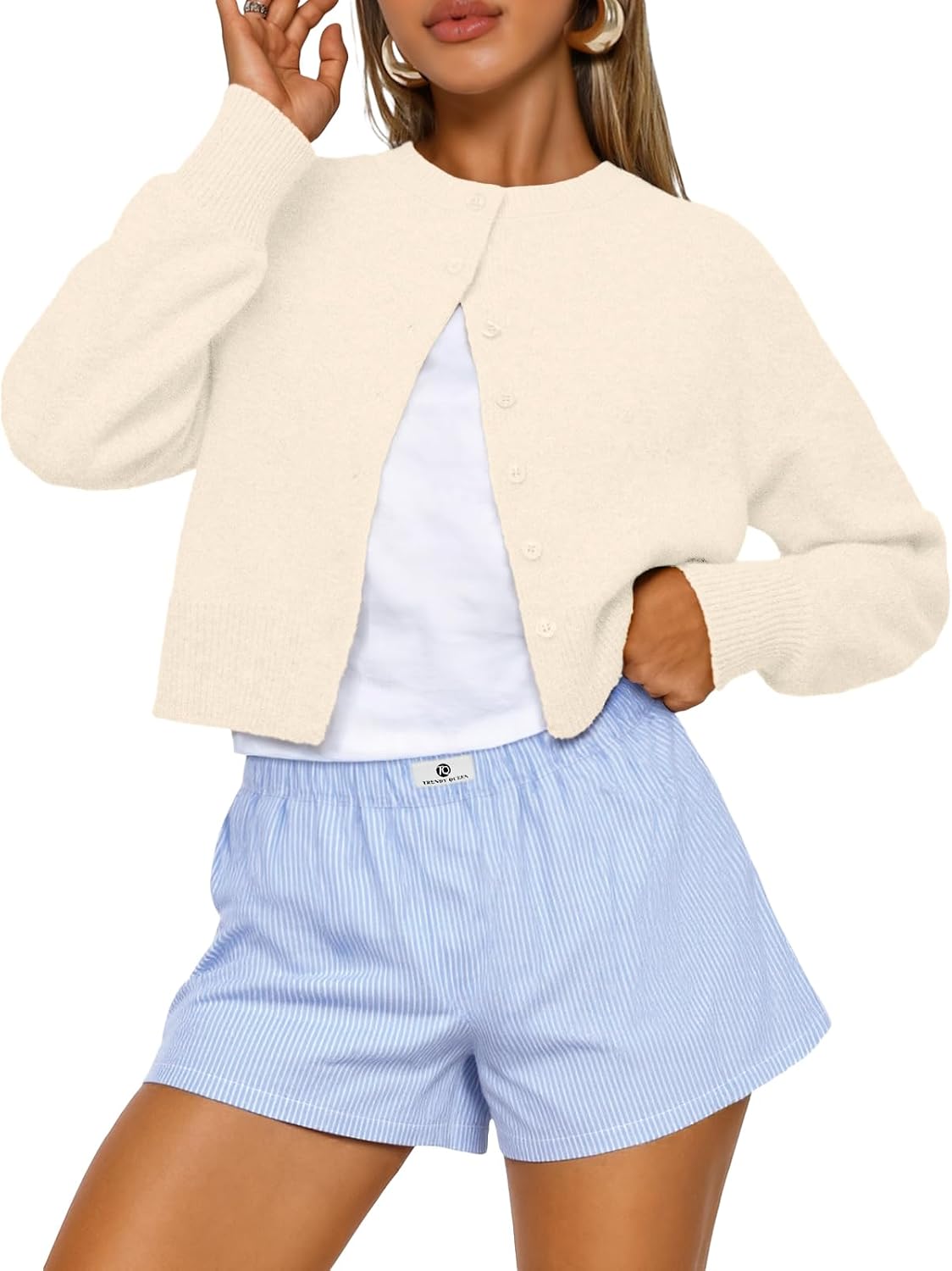 Marielle Cropped Knitted Cardigan with Crew Neck Button Front Lightweight Sweater