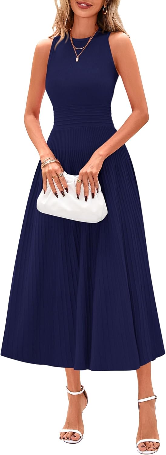 Elise Women's Pleated A-Line Midi Dress with Sleeveless Crew Neck & High Waist