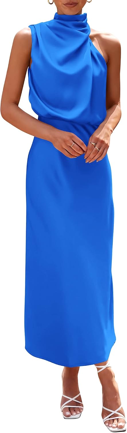 Vivienne Women's Satin Mock Neck Maxi Dress with Asymmetrical Shoulder & Flowy Skirt