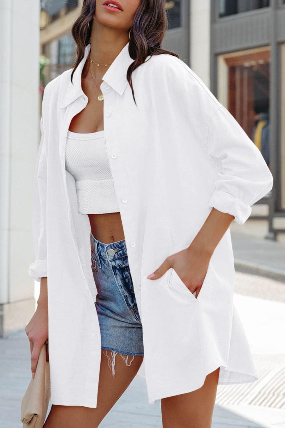 Jelai - Oversized Linen Blend Button-Down Blouse with Long Sleeves and Chest Pocket