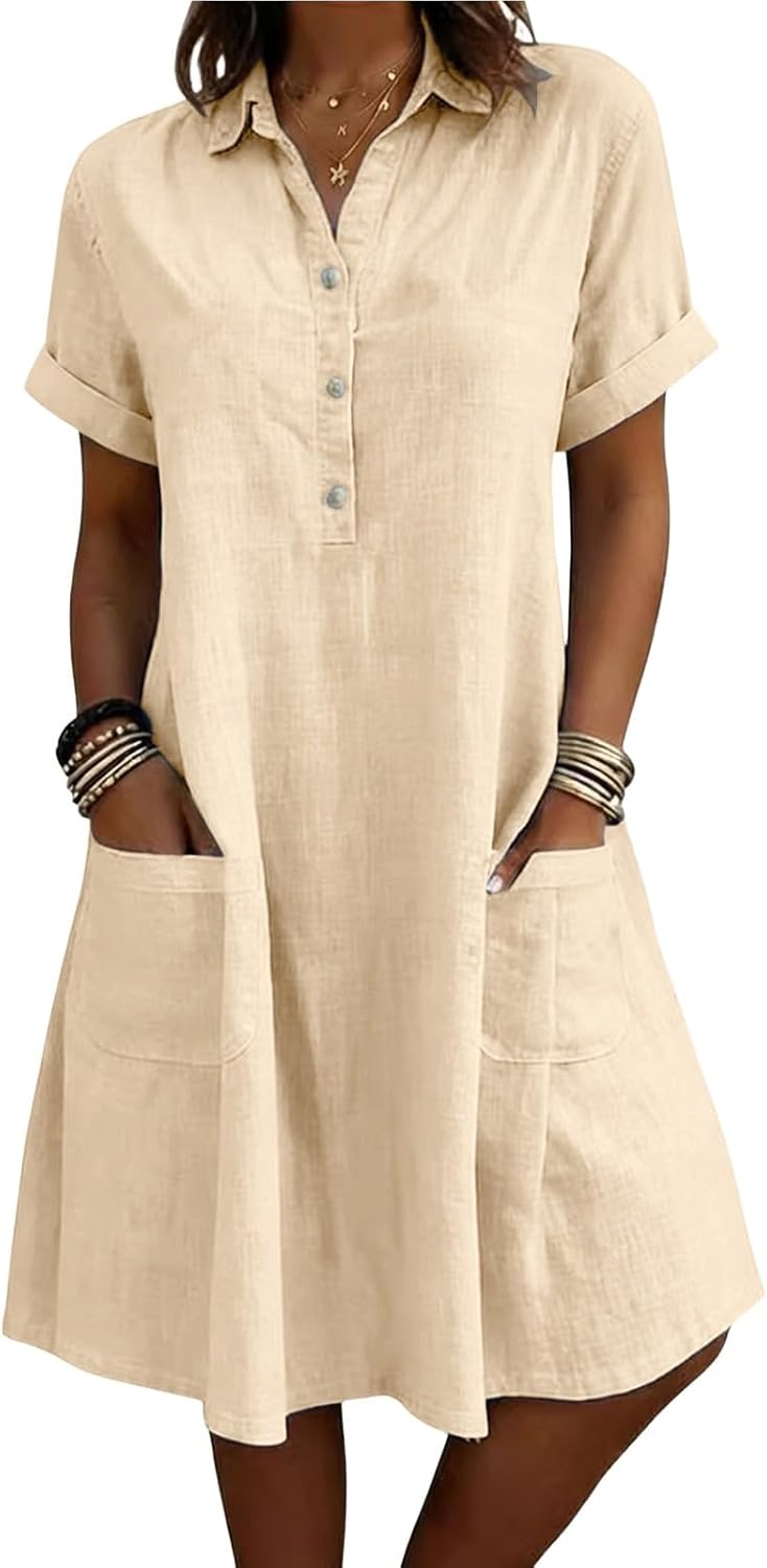 Evelina Linen Blend Shirt Dress – Short Sleeve Midi Dress with Pockets