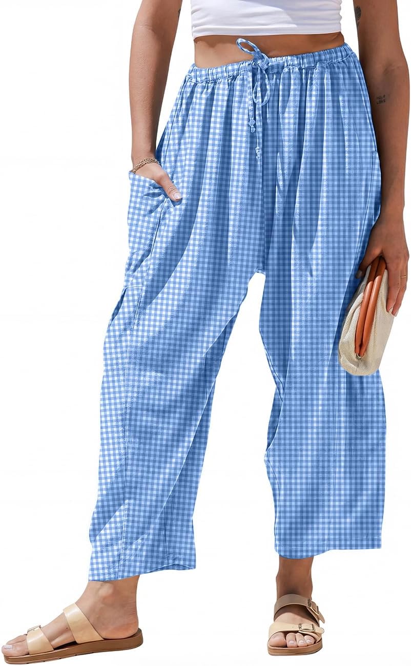 Blythe - Linen Blend Wide Leg Harem Pants with Gingham Check Drawstring Waist and Pockets