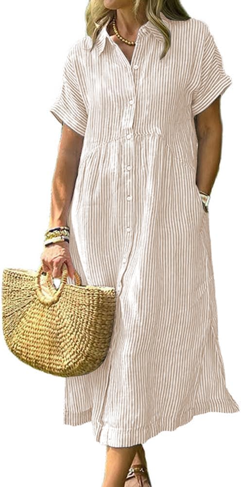 Corinne Women's Striped Button-Down Shirt Midi Dress with Short Sleeves & A-Line Fit
