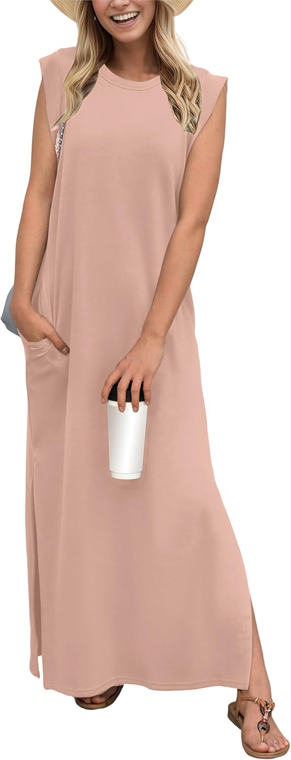 Coralie Women's Sleeveless Maxi Dress with Side Slit, Pockets & Wrinkle-Resistant Fabric